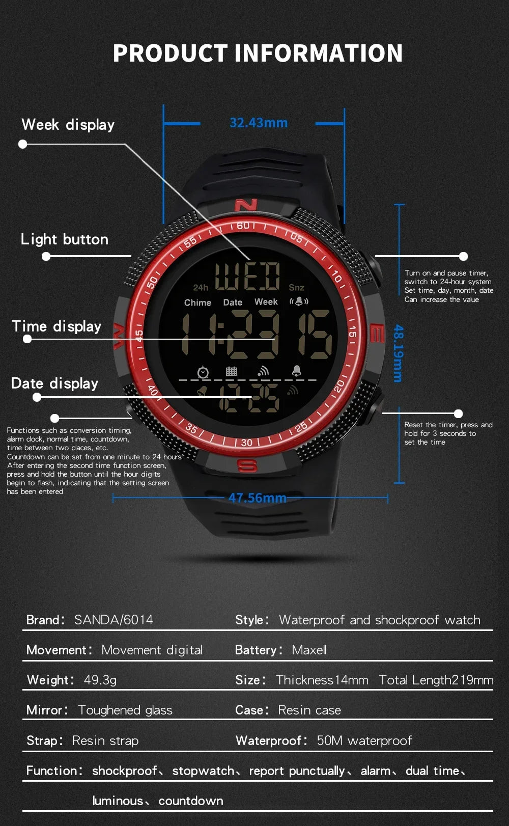 SANDA 6014 Waterproof Multifunctional Sports Watch